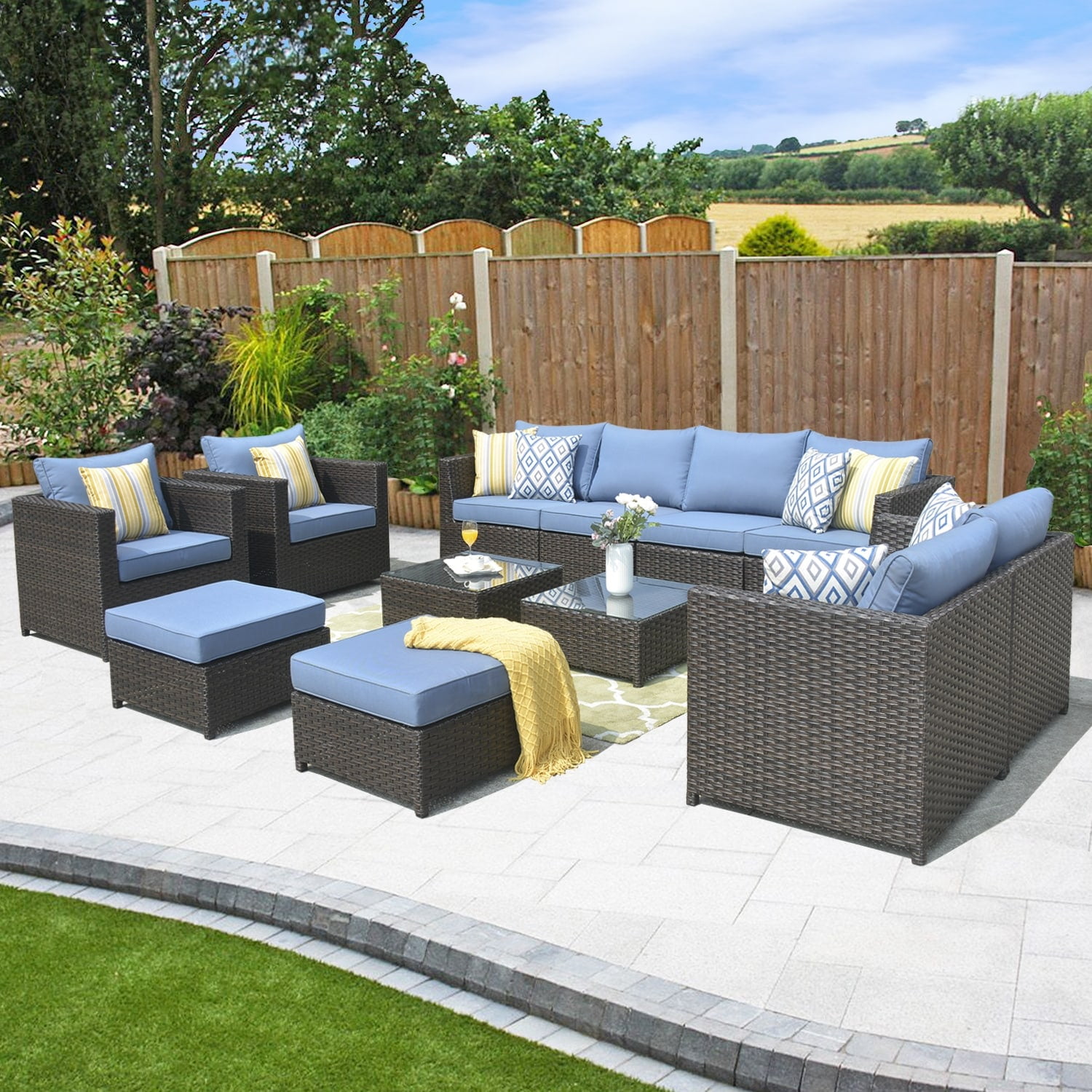 OVIOS 12piece Sunbrella & Olefin Fabric Patio Furniture Conversation Set BlueOlefin