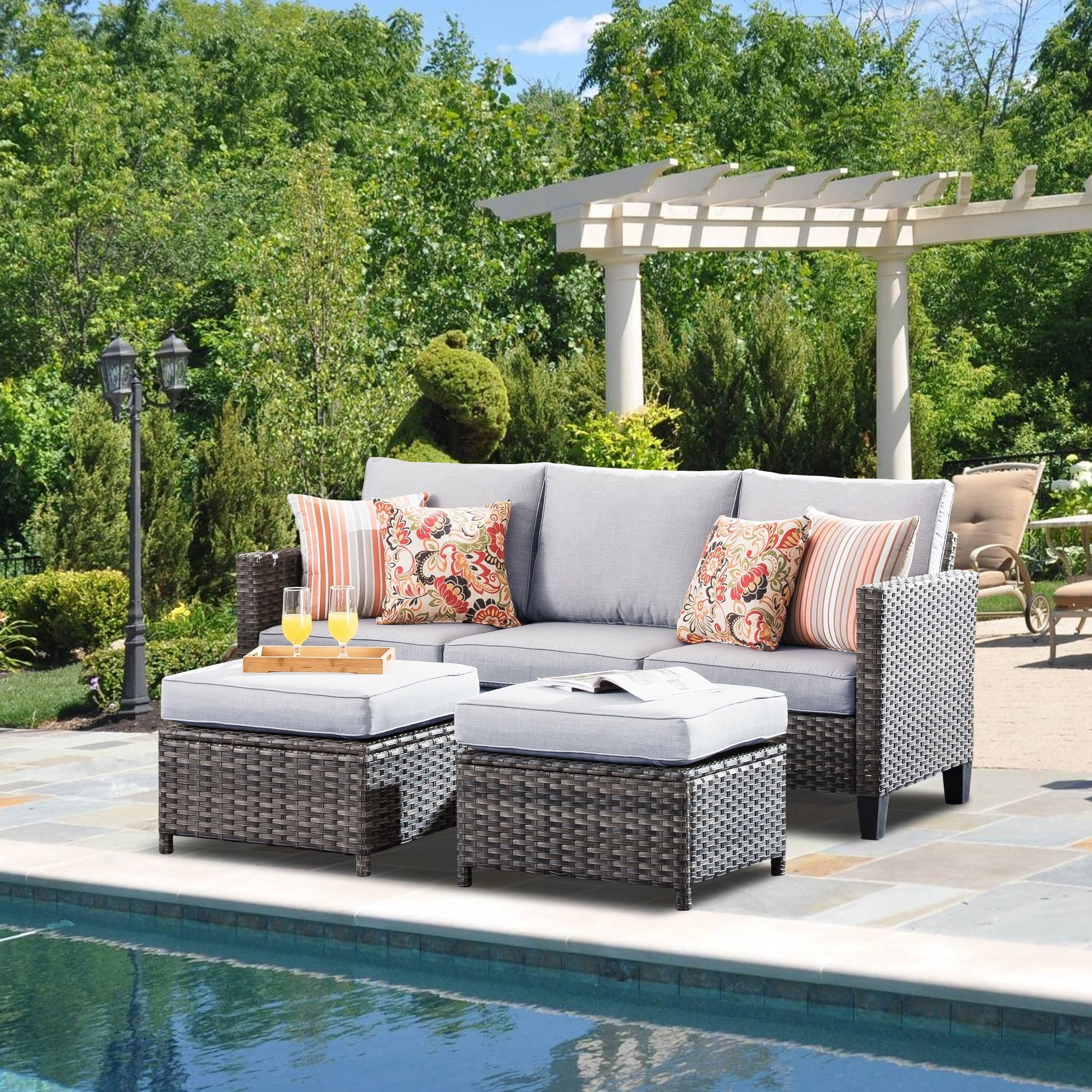 OVIOS 3 piece Outdoor High back Wicker Sectional Ottoman Set Beige Walmart