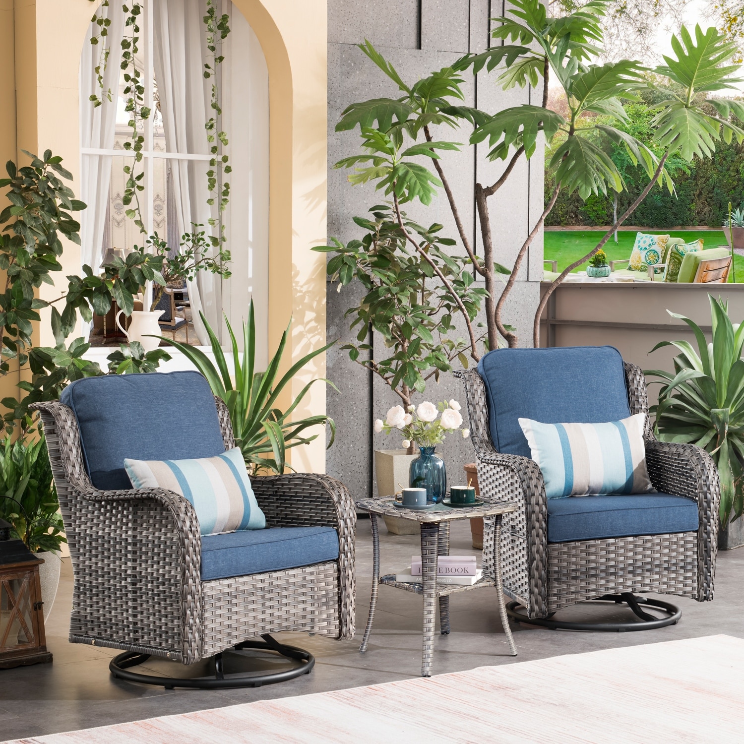OVIOS 3piece Rattan Wicker Rocking Swivel Chair Set Denim Blue