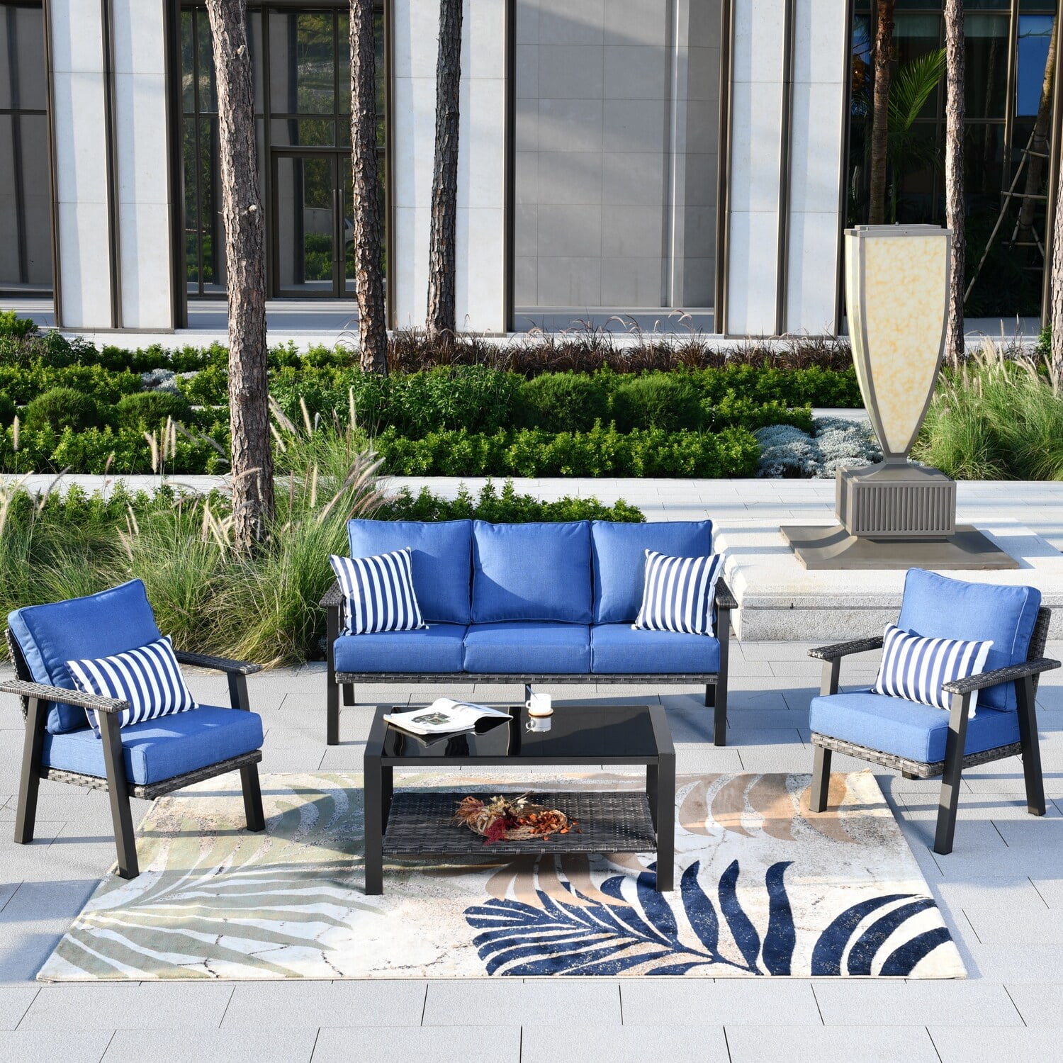 OVIOS 4-piece Outdoor Steel Frame Ottoman Wicker Solid Pattern Cushion ...