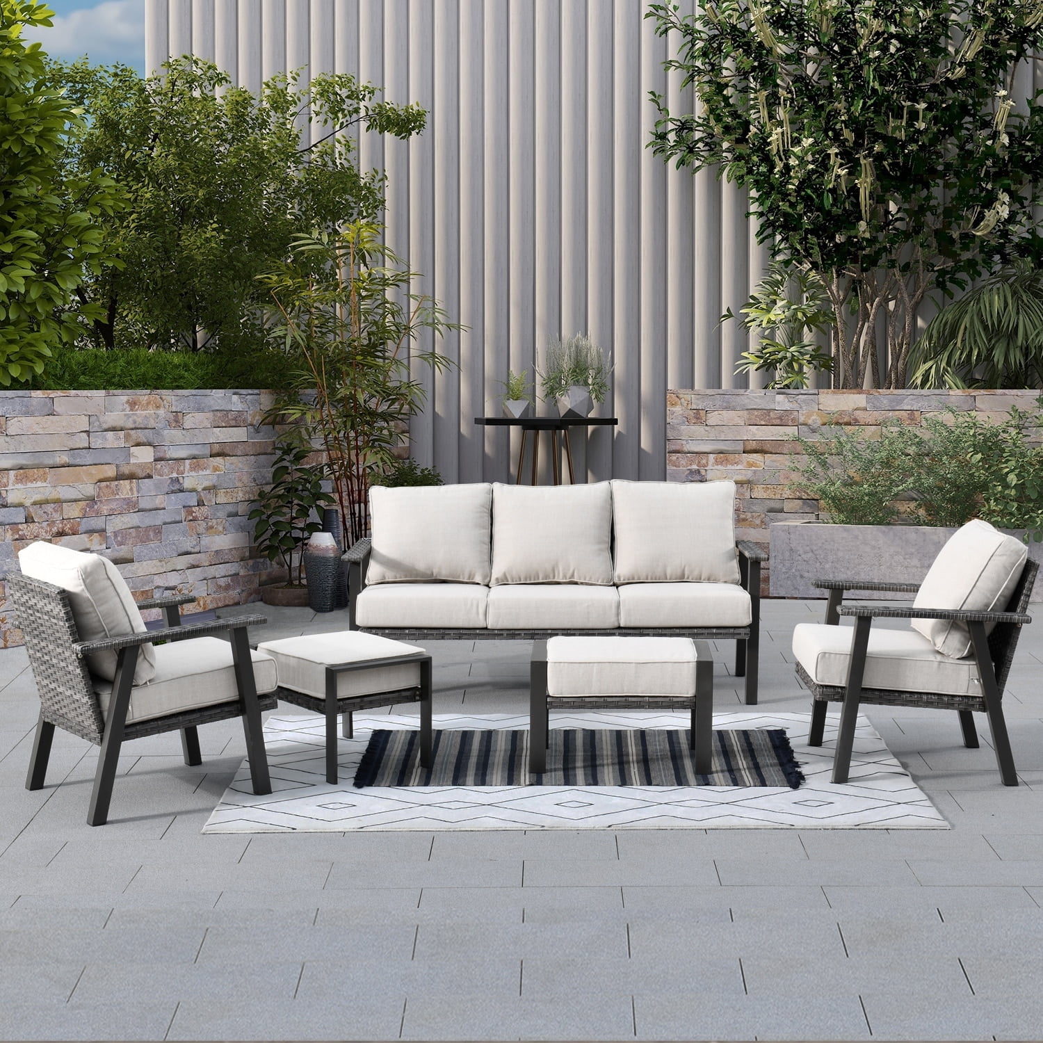 OVIOS 5-piece Outdoor Steel Frame Wicker Ottoman Patio Set Beige ...
