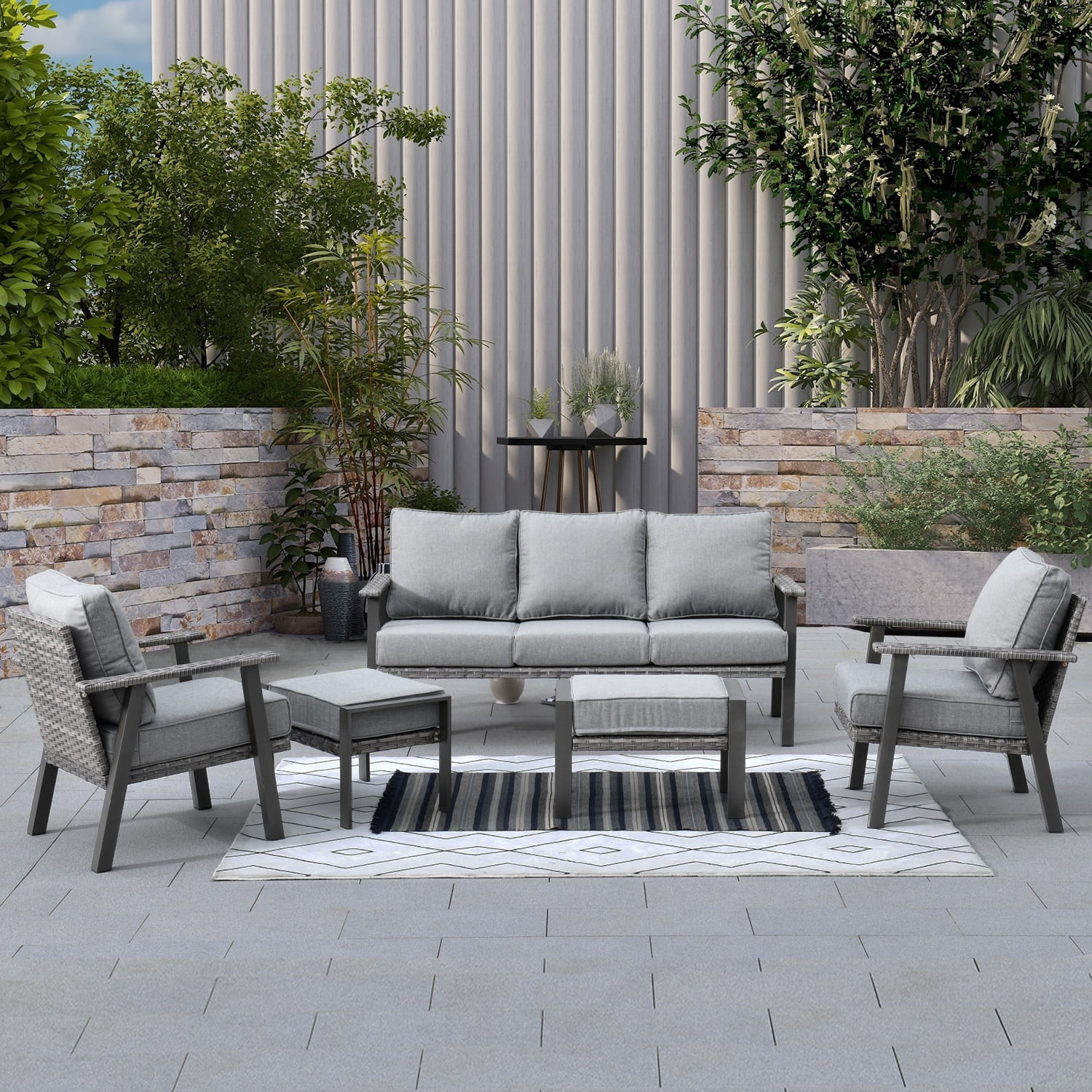 OVIOS 5-piece Outdoor Steel Frame Wicker Ottoman Patio Set Grey ...