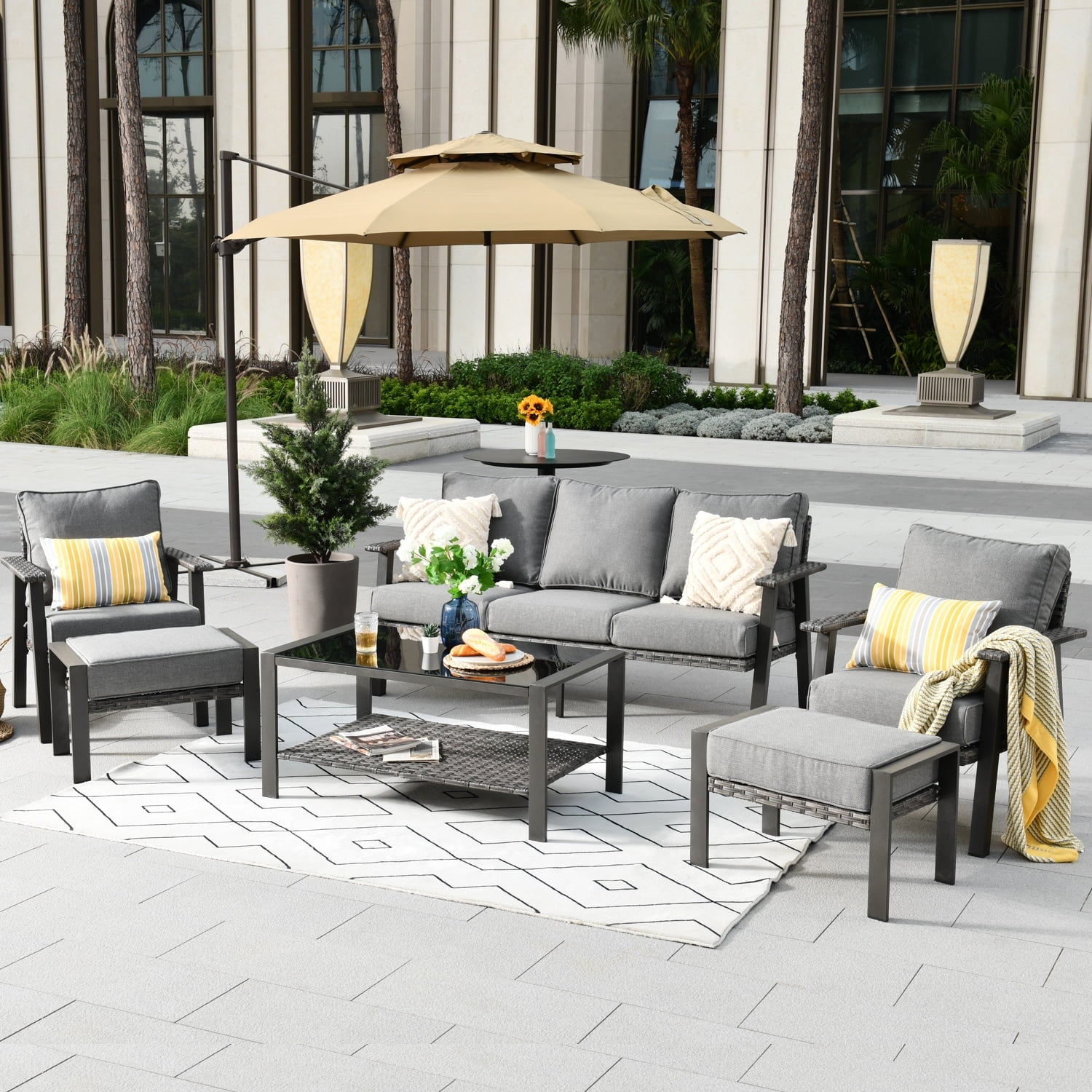 OVIOS 6-piece Outdoor Steel Frame Ottoman Wicker Set Dark Grey ...