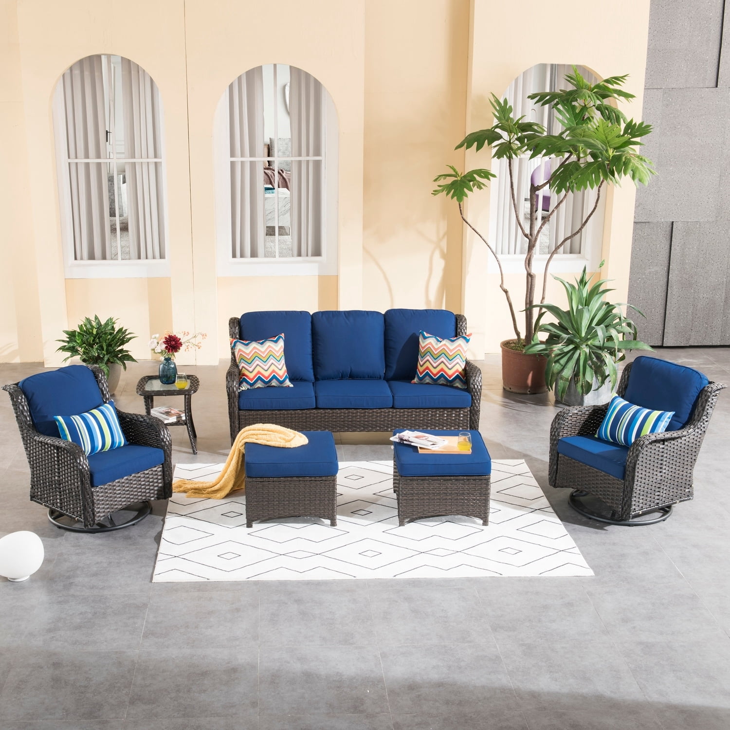 Ovios 4-Piece All-Weather Rattan Patio Sofa Set – Lighted Coffee Table, Orange Red