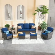 OVIOS  6-piece Rattan Wicker Patio Furniture Set Swivel Gliding Chair Set Navy Blue