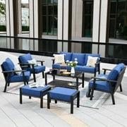 OVIOS  7-piece Patio Outdoor Wicker Solid Pattern Cushion Sectional Set Blue