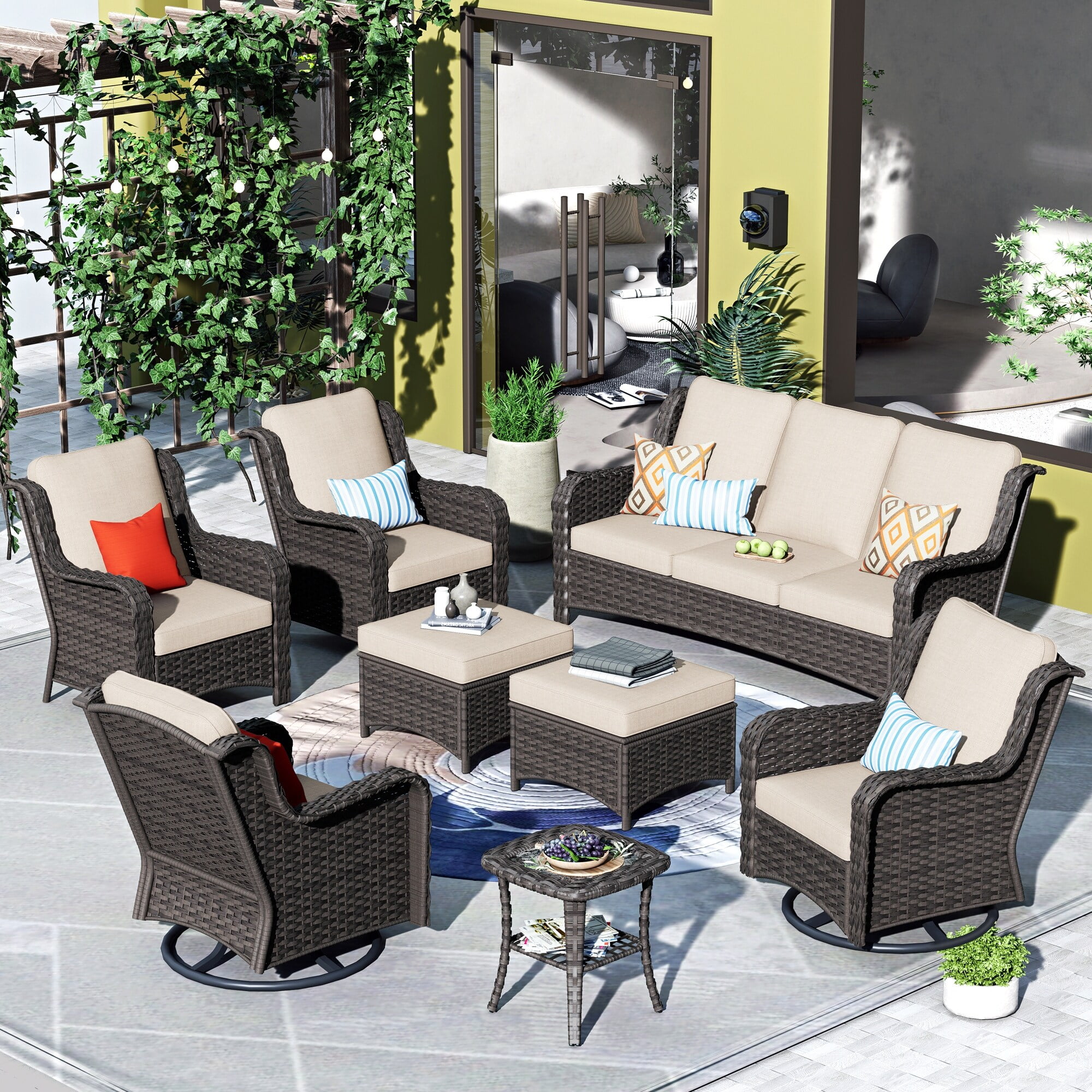 OVIOS 8piece Rattan Wicker Patio Furniture Set Swivel Rocking Chair