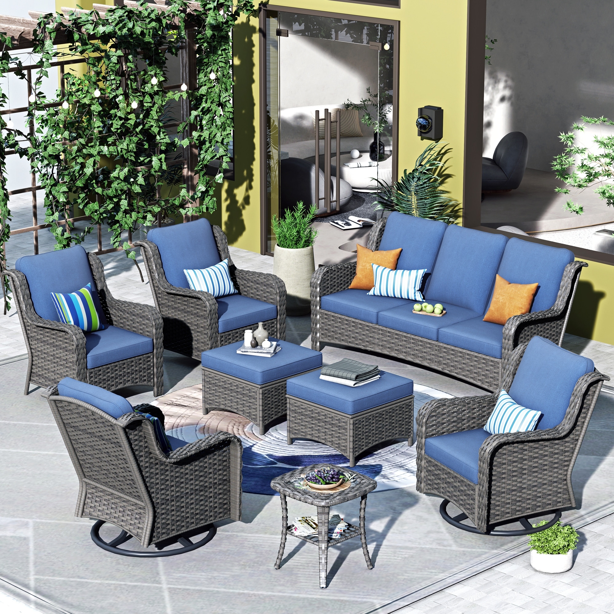 OVIOS 8piece Rattan Wicker Patio Furniture Set Swivel Rocking Chair