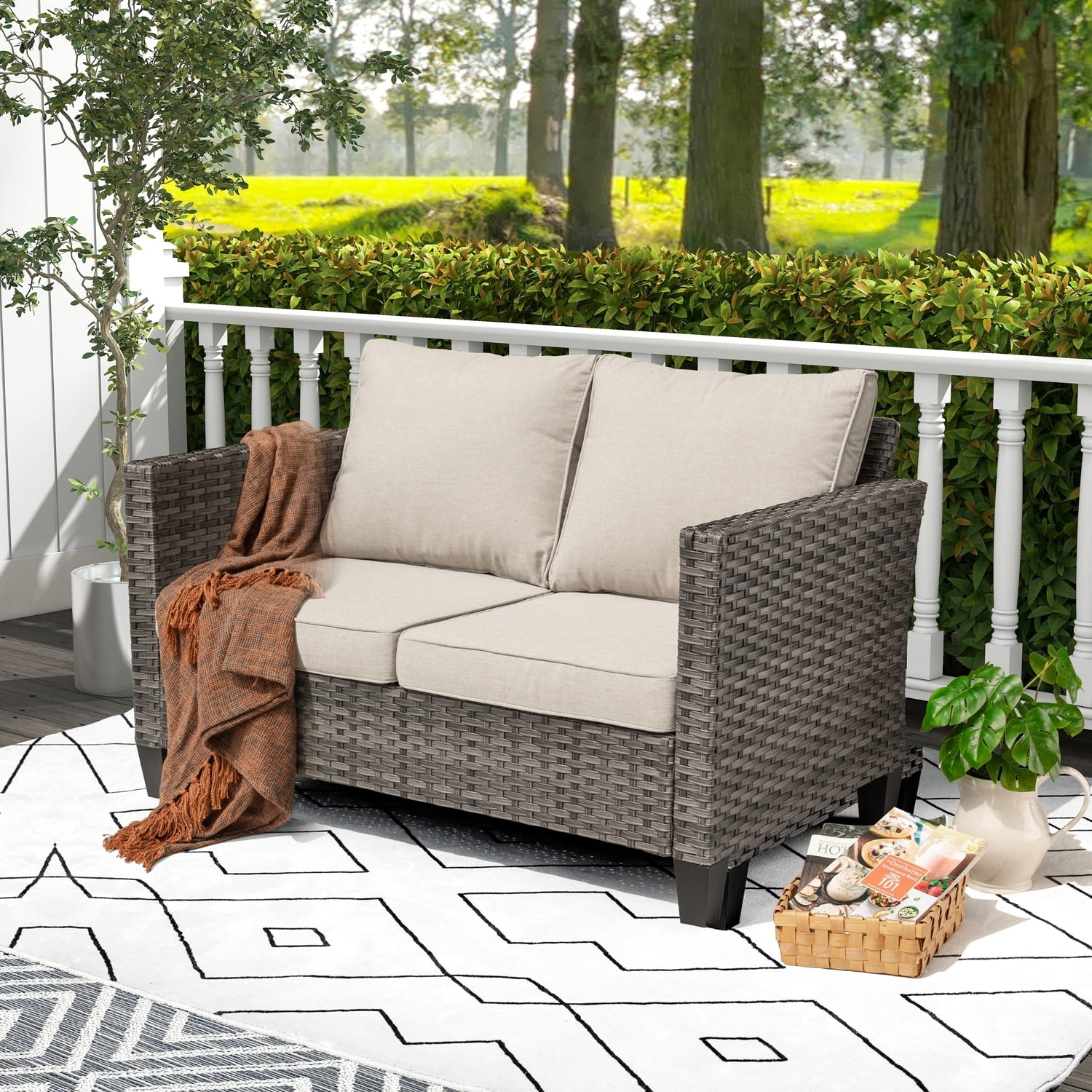 OVIOS Outdoor Highback Grey Wicker Loveseat Beige
