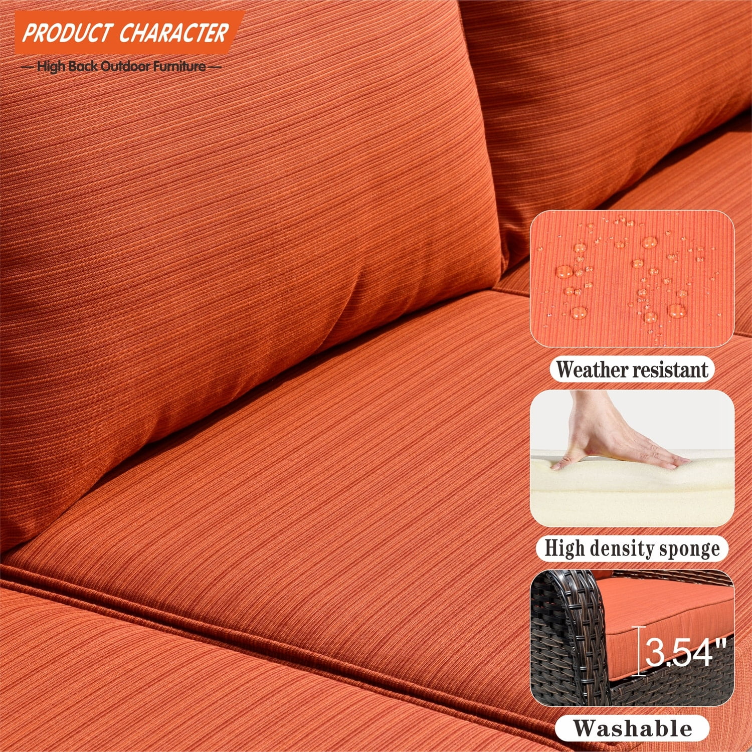 OVIOS Patio 3piece Rattan Wicker Sectional Sofa Set with Ottomans Red