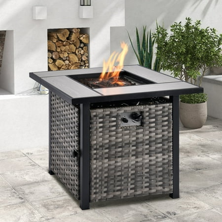 OVIOS  Patio Grey Wicker Fire Pit Square-Grey Wicker