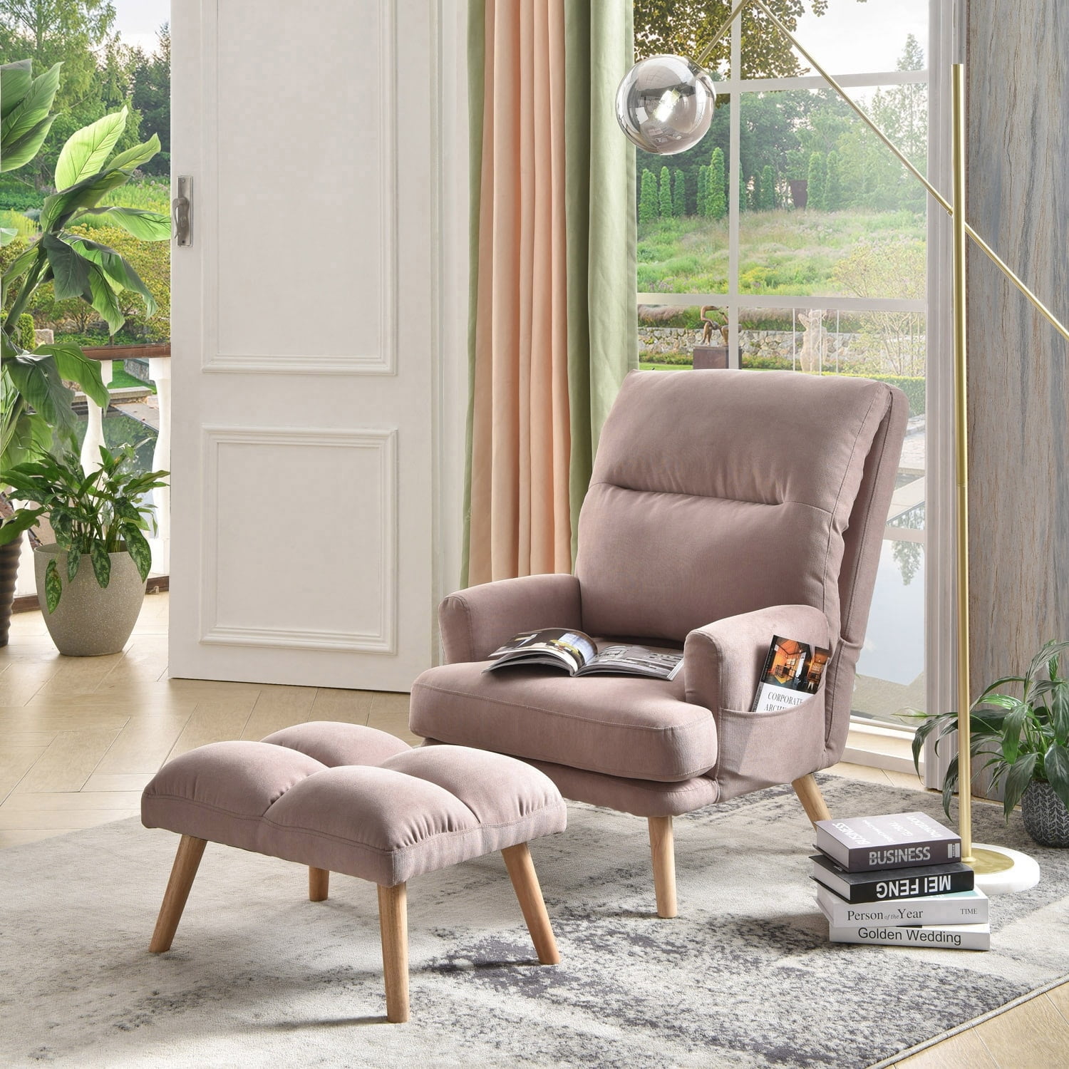 OVIOS Wood Recliner Chair with Ottoman Pink Linen Fabric