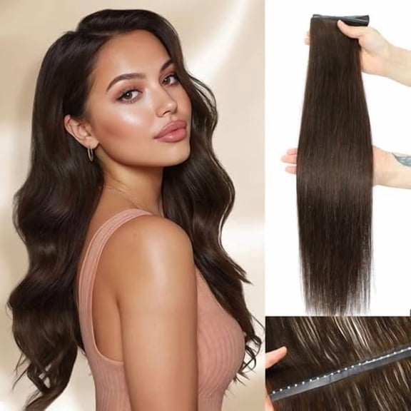 OVO Butterfly Weft Human Hair Extensions Double Layered Seamless Bead Hair Extensions Glueless for Thin Hair (2#,16Inch)
