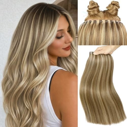 OVO Hair Extensions Real Human Hair 100g PU Holes Wefts with Beads Blonde Highlight Volume Upgrade Butterfly Seamless Weft Invisible Beaded Hair Extension with Tools(9A/613 18Inch)