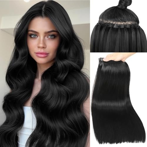 OVO Hair Extensions Remy Human Hair 100g PU Holes Wefts with Beads Black Volume Upgrade Butterfly Real Human Hair Weft Seamless Invisible Beaded Hair Extension with Tools(Black 18 Inch)