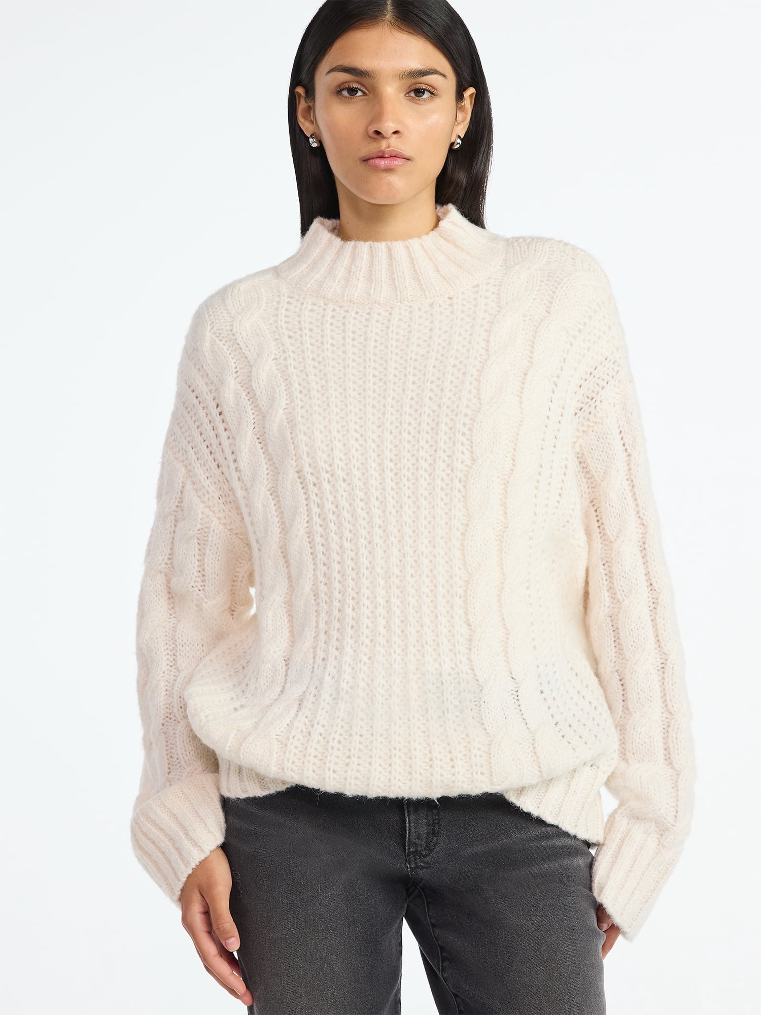 Scoop Women’s Oversized Cable Knit Sweater, Midweight, Size XS-XXL