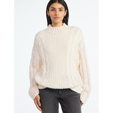 Scoop Women’s Oversized Cable Knit Sweater, Midweight, Size XS-XXL