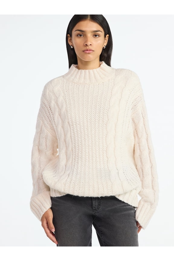 Women’s Oversized Cable Knit Sweater, Midweight, Size XS-XXL