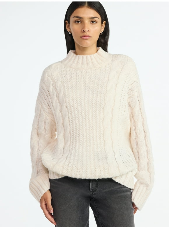 Women’s Oversized Cable Knit Sweater, Midweight, Size XS-XXL