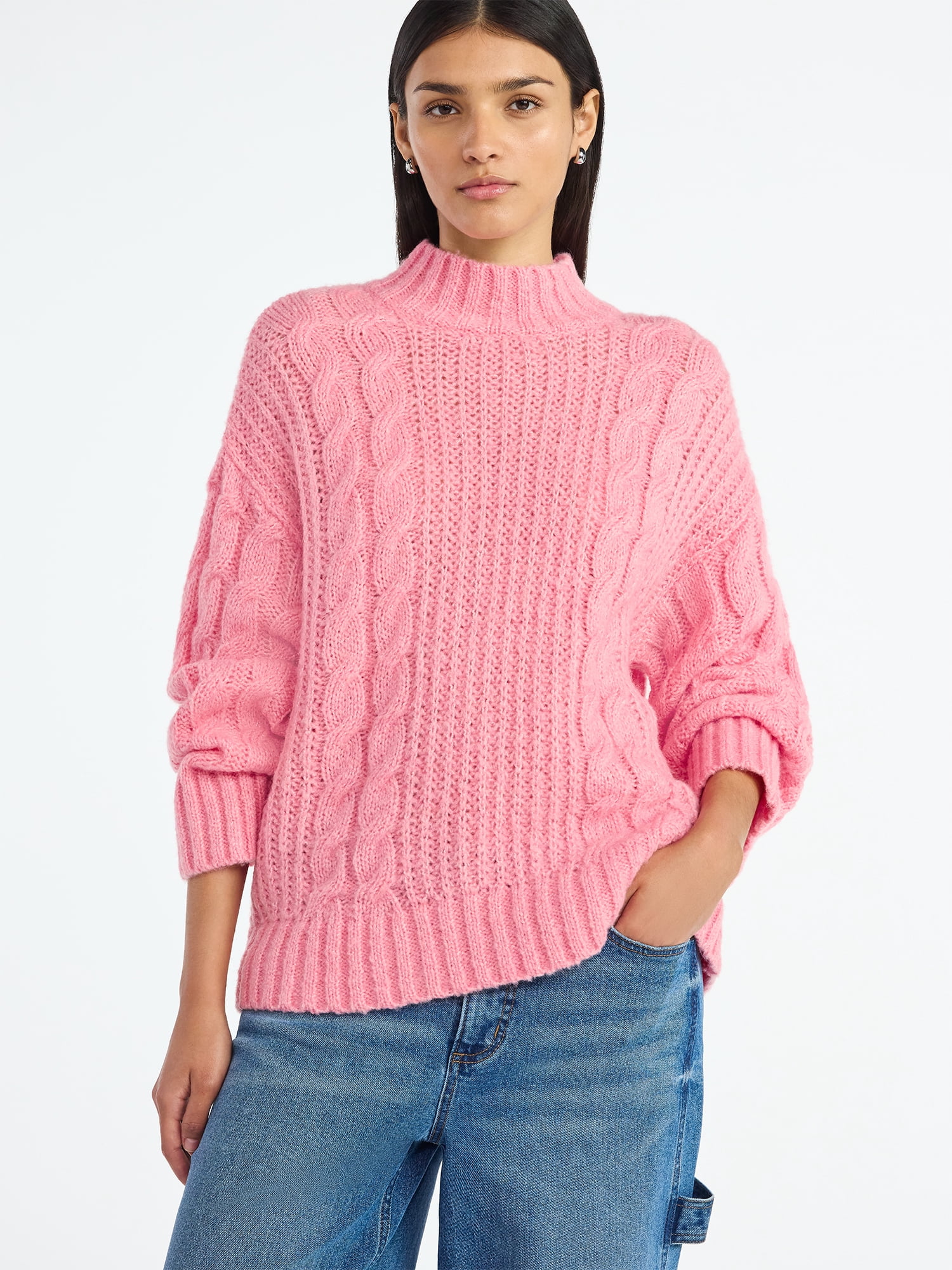 Scoop Women’s Oversized Cable Knit Sweater, Midweight, Size XS-XXL
