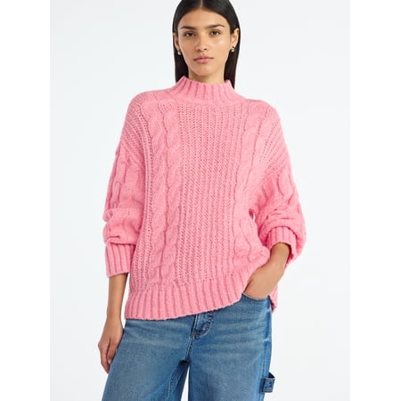 Scoop Women’s Oversized Cable Knit Sweater, Midweight, Size XS-XXL