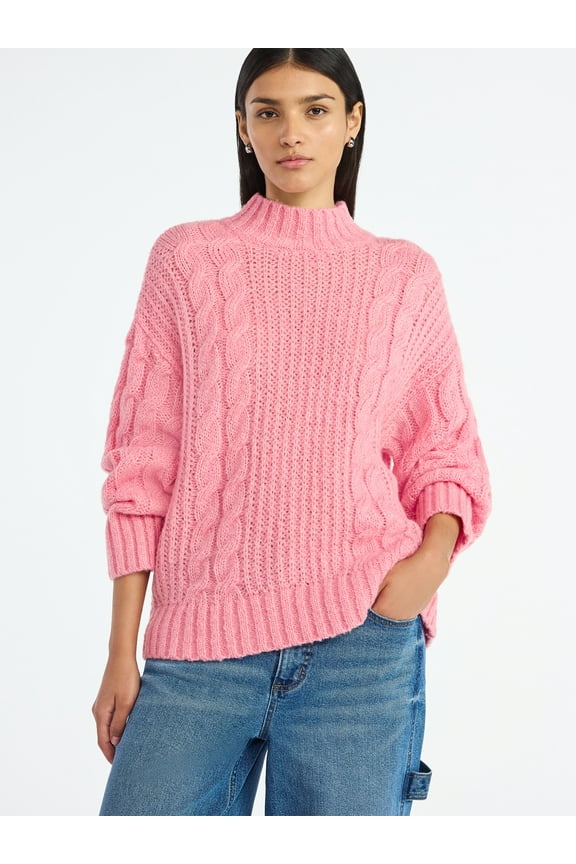 Women’s Oversized Cable Knit Sweater, Midweight, Size XS-XXL