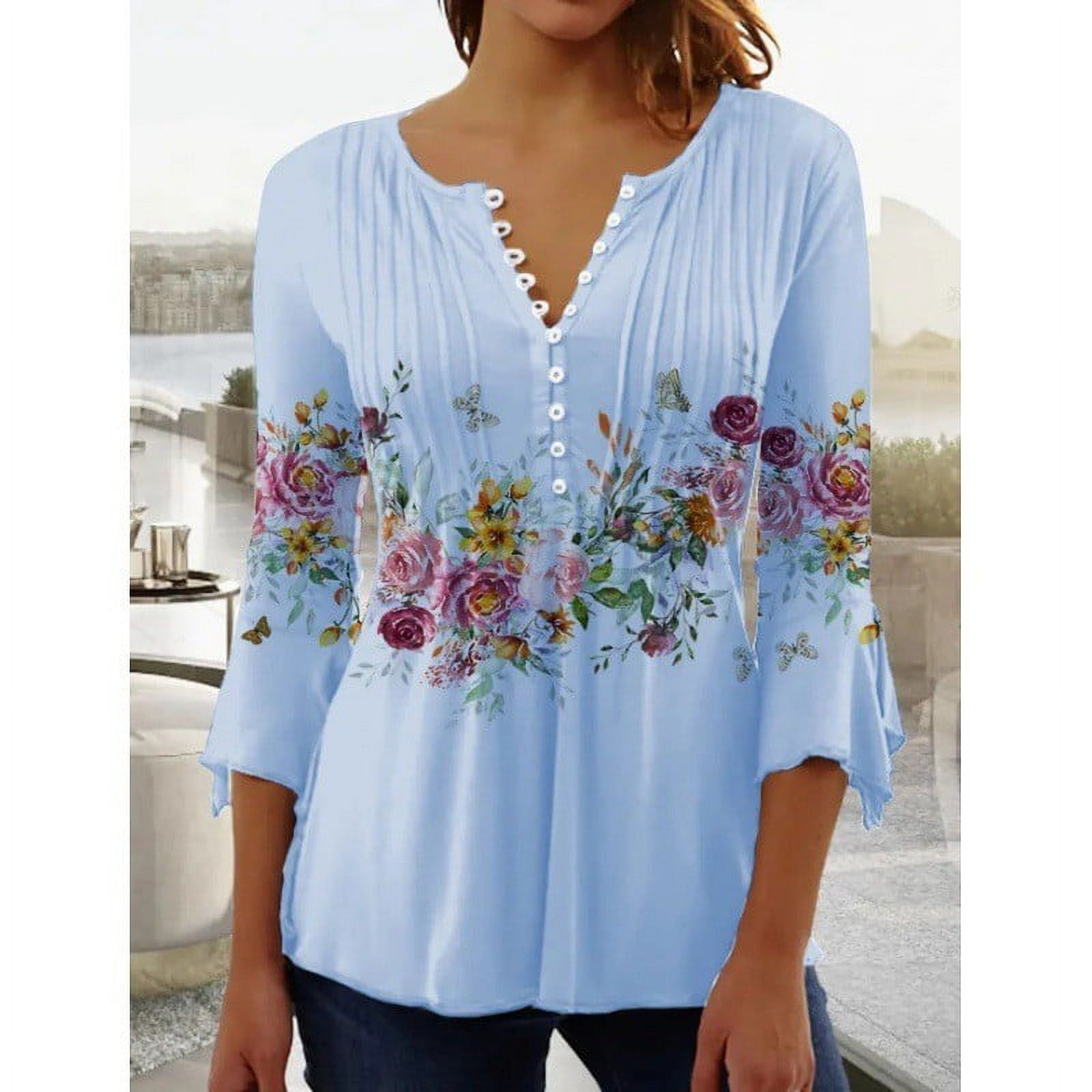 OVTICZA 3/4 Sleeve Womens Plus Size Tops Button Down Dressy Tops Weddings  Floral Spring Shirts for Women Spring Blouses for Women Cyan 3X