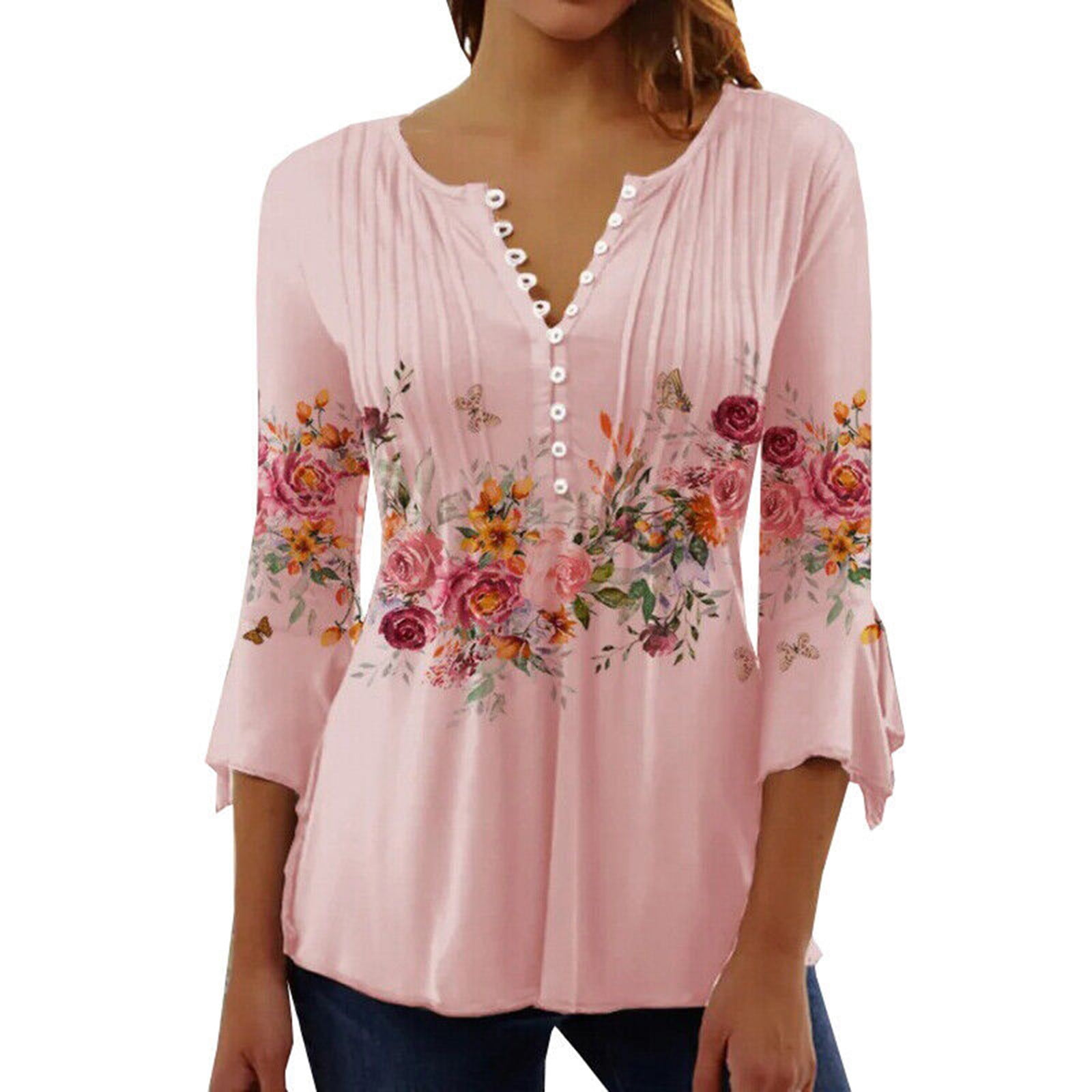 Women Boho Tops Ladies Blouses V Neck Long Sleeve Shirt Floral Printed  Summer Fall Work Office Flowy Shirts Casual Button Down Tops Rose Small :  : Clothing, Shoes & Accessories