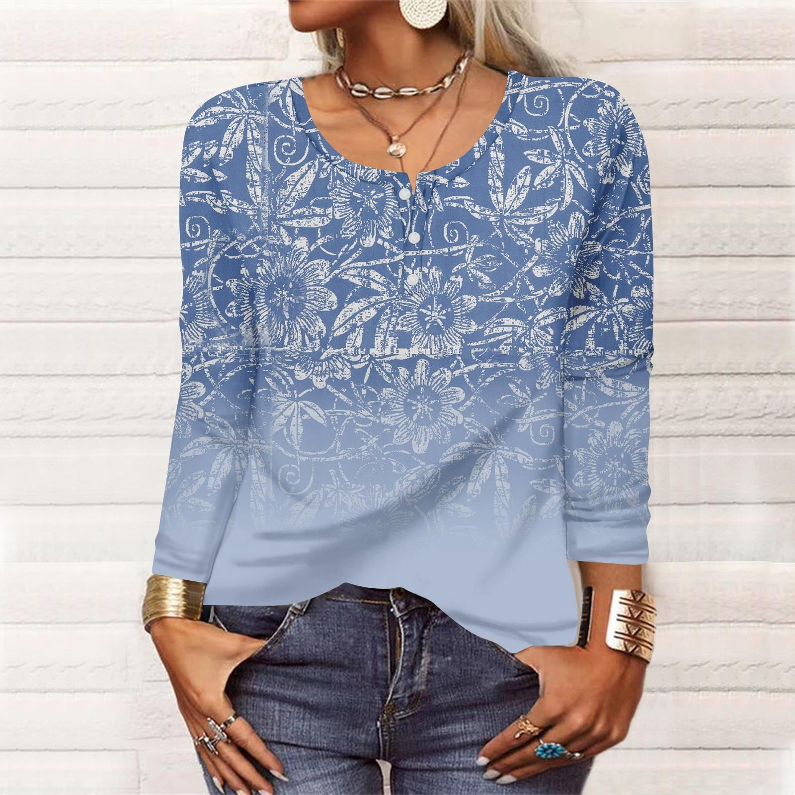 OVTICZA Blouses Button Down for Fall Western Boho Tops for Women Summer  Long Sleeve Women Shirt Spring Plus Size Blue 2X