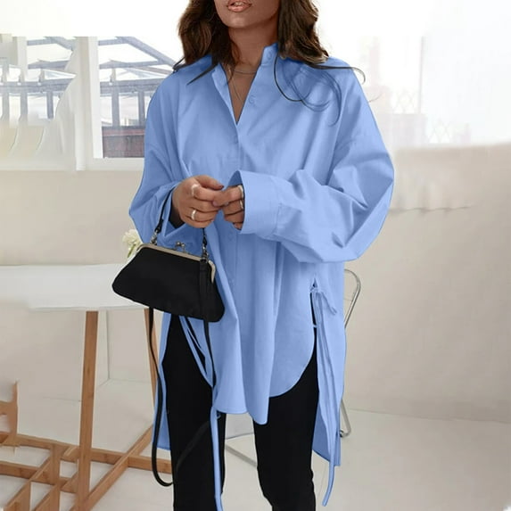 OVTICZA Womens Blouses Button Up Long Sleeve Womens Casual Tops for Women Medium Beach Shirts for Women Plus Size Women's Plus Size Blouses on Clearance Blue S
