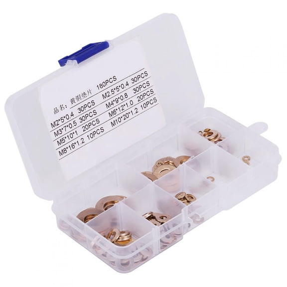 OVTSC 180Pcs Brass Flat Washer Assortment Set Heavy Duty M2 M2.5 M3 M4 M5 M6 M8 M10 Metal Washers Kit with Storage Box for Automotive and Mechanical Hardware Projects