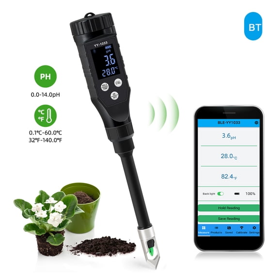 OVTSC 2-in-1 Digital Soil pH & Temperature Tester with LCD Display, Bluetooth Smartphone Connectivity, Precision Garden Plant Detector Tool for Agriculture & Horticulture (11.4 in / 29 cm)