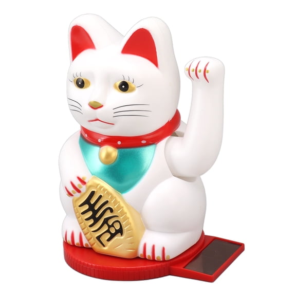 OVTSC Arm Waving Fortune Cat 4 Inch Plastic Solar Powered Light Induction Lucky Wealth Kitten Decoration with Rotating Base for Home Hotel Desk White
