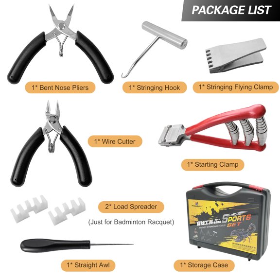 OVTSC Badminton Racket Stringing Combo Tools with Starting Clamp, Stringing Hook, Bent Nose Pliers, Flying Clamp, and Straight Awl for Tennis (9.84 inches / 25.00 cm)
