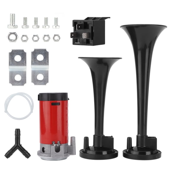 OVTSC Car Dual Trumpet Air Horn 12V 130dB Super Loud Black Acoustic Warning System Replacement Kit for Trucks, RVs, Vans, Tractors, Motorcycles, UTV (11 inches / 28 cm)