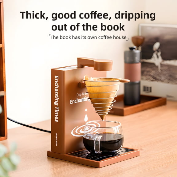 OVTSC Creative Book-Shaped Drip Coffee Maker, 10.15 fl oz / 300ml Pour Over Coffee Machine with Fast Heating and 7-Hole Vortex Water Spout, Elegant Beige (110V US Plug)