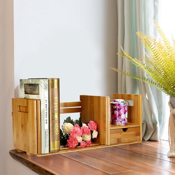 OVTSC Natural Bamboo Adjustable Bookshelf Desktop Storage Organizer and Expandable Wooden Bookshelf with Single Drawer, Space-Saving Book Rack Holder for Bedroom, Home Office Desk, 20-31" / 51-80cm