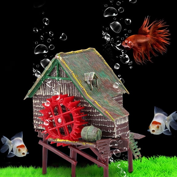OVTSC Pneumatic Aerated Waterwheel Hut, Rotatable Water Wheel Fish Tank Landscaping Ornament (14x13x11 inches / 35.6x33x27.9 cm)