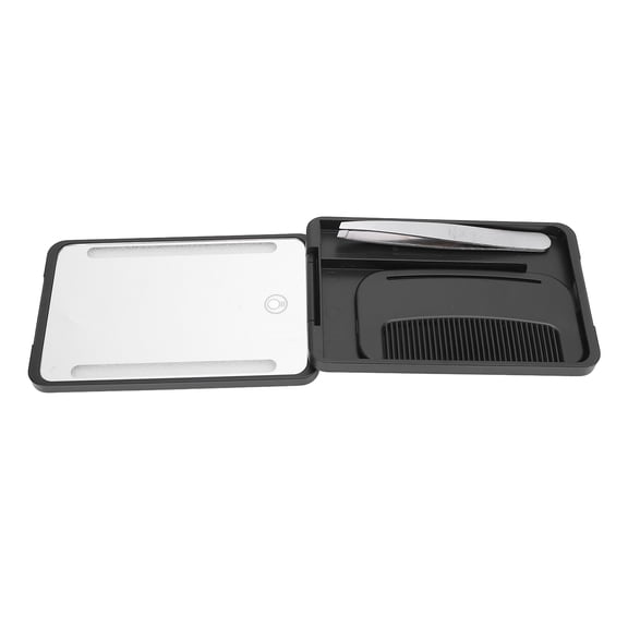 OVTSC Rechargeable Travel Makeup Mirror LED Lighted Compact Pocket Mirror with Stepless Fill Light Travel Comb Metal Eyebrow Tweezer Portable Beauty Tool Set for Daily Use Black 5.51 inches