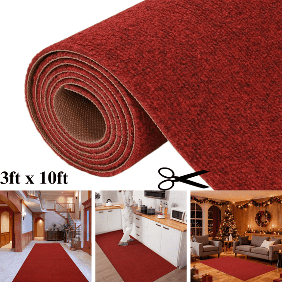OVYEFR Commercial Carpet, 3' x 10' Runner Rug with Rubber Backing, Indoor Outdoor Utility Rugs for Hallway Entrance Kitchen, Red