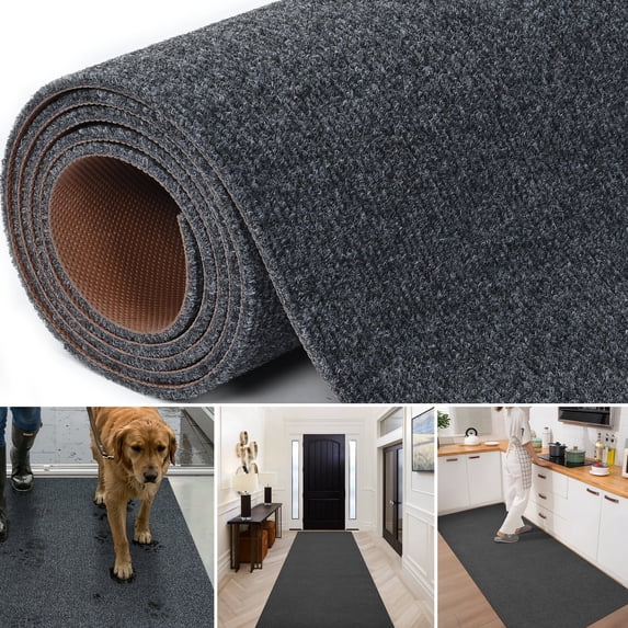 OVYEOFR 3ft x 10ft Non-Slip Runner Rug – Heavy Duty Rubber Backing, Indoor Outdoor Utility Mat for High-Traffic Areas Entryway, Kitchen, Corridor, Grey