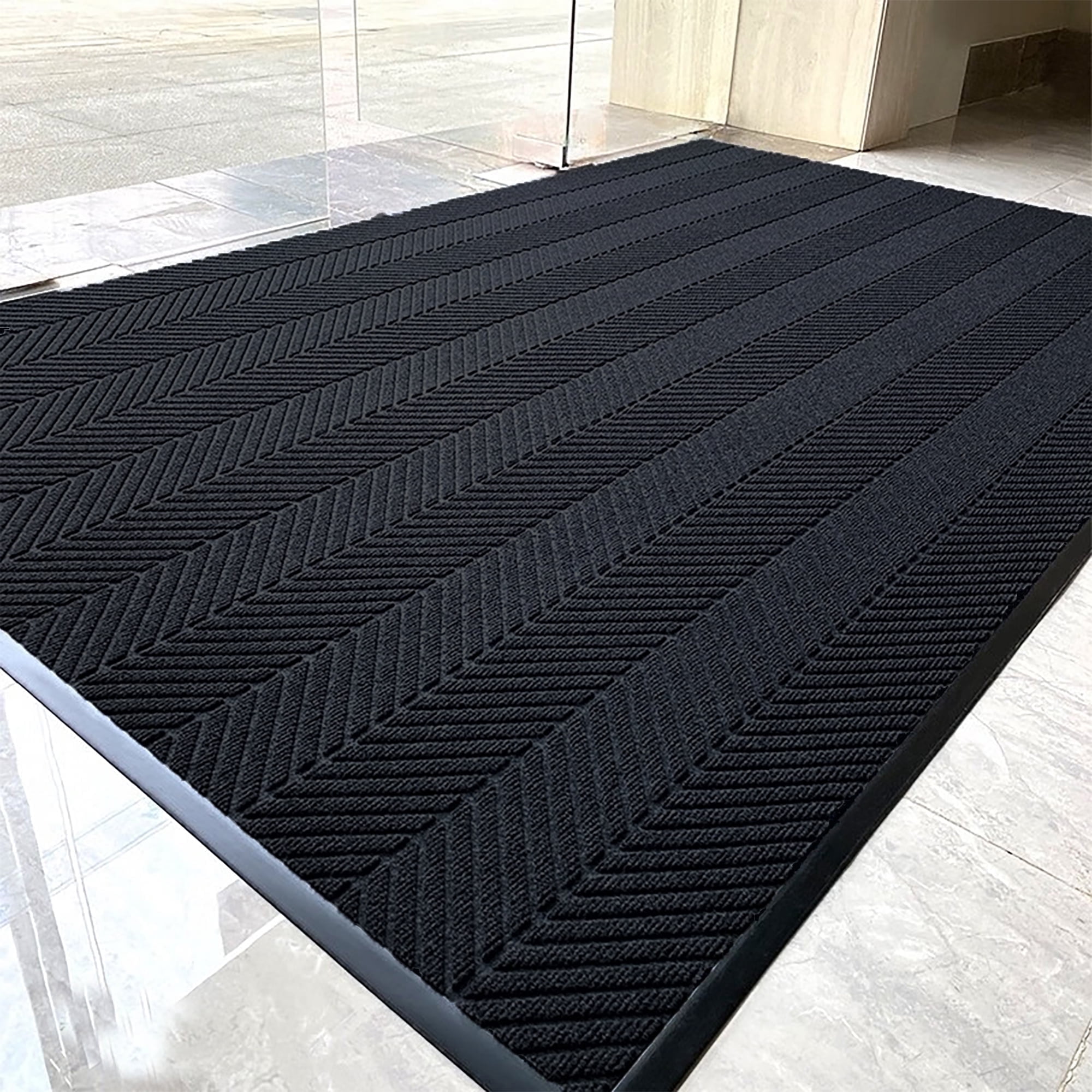OVYEOFR 4 x 6 ft Striped Entrance Mat, Non Slip Hallway Runner Rug with Rubber Backing, Outdoor Indoor Industrial Carpet Door Mat, Black