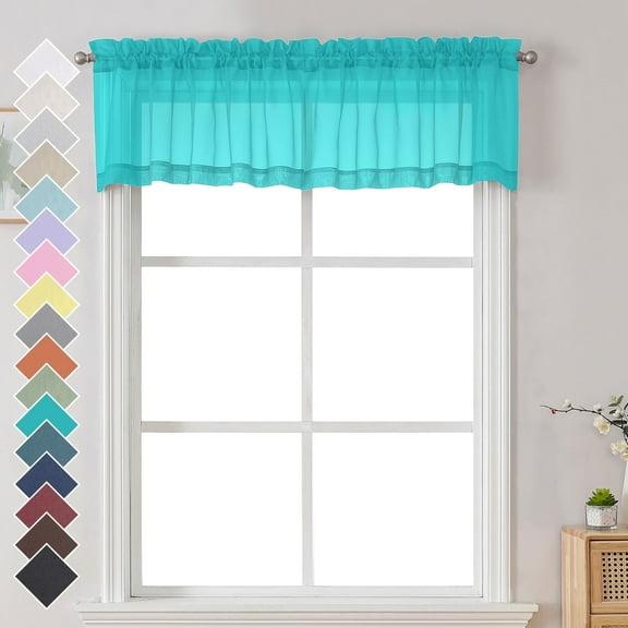 OVZME 2 Panels Green Sheer Valance,Short Fresh Sheer Curtain Valances for Windows Basement Semi Sheer Valances for Kitchen Window Dressing with Dual Rod Pocket,Turquoise 42W x 14L
