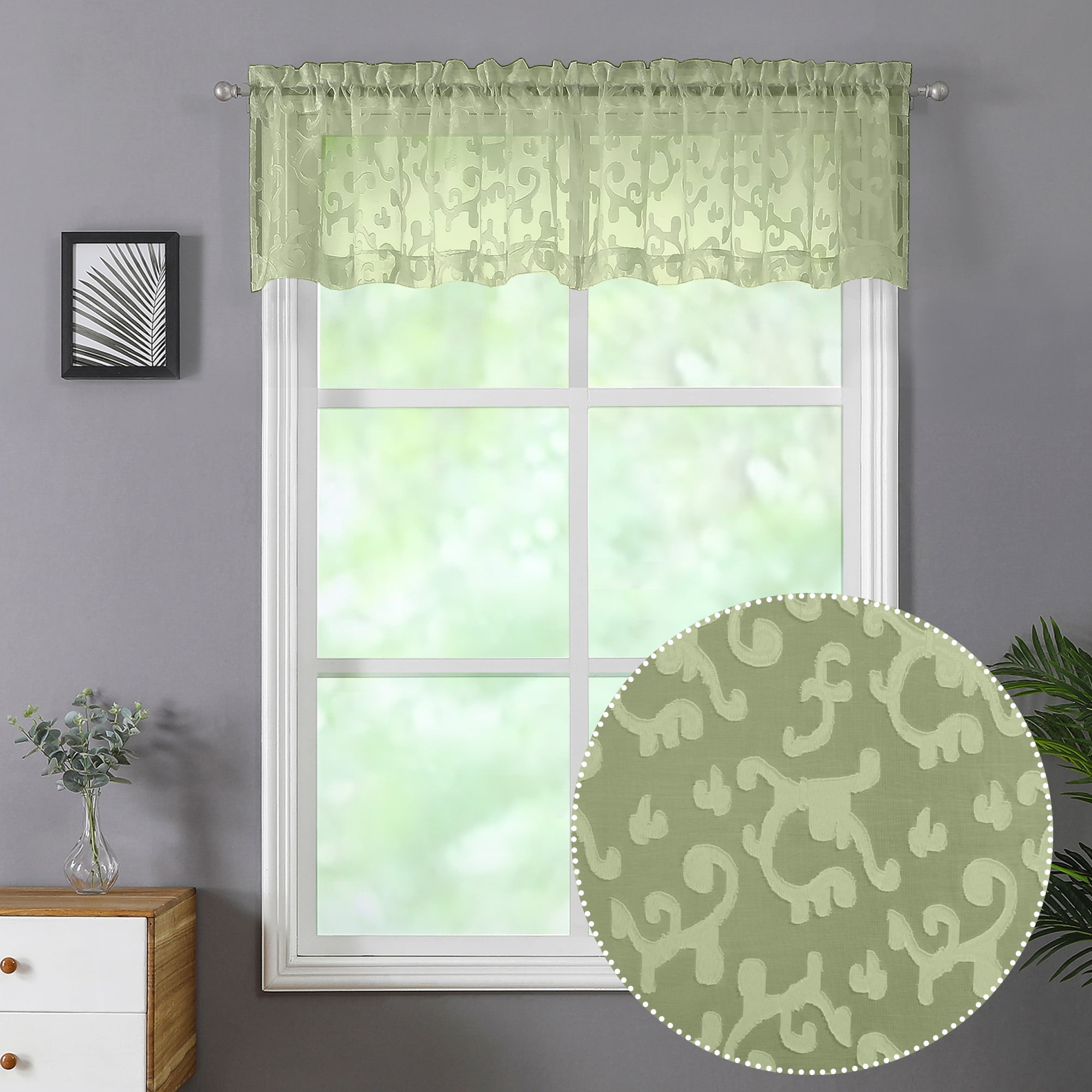 OVZME 2 Pieces Green Sheer Valances Short Fresh Sheer Curtains Windows