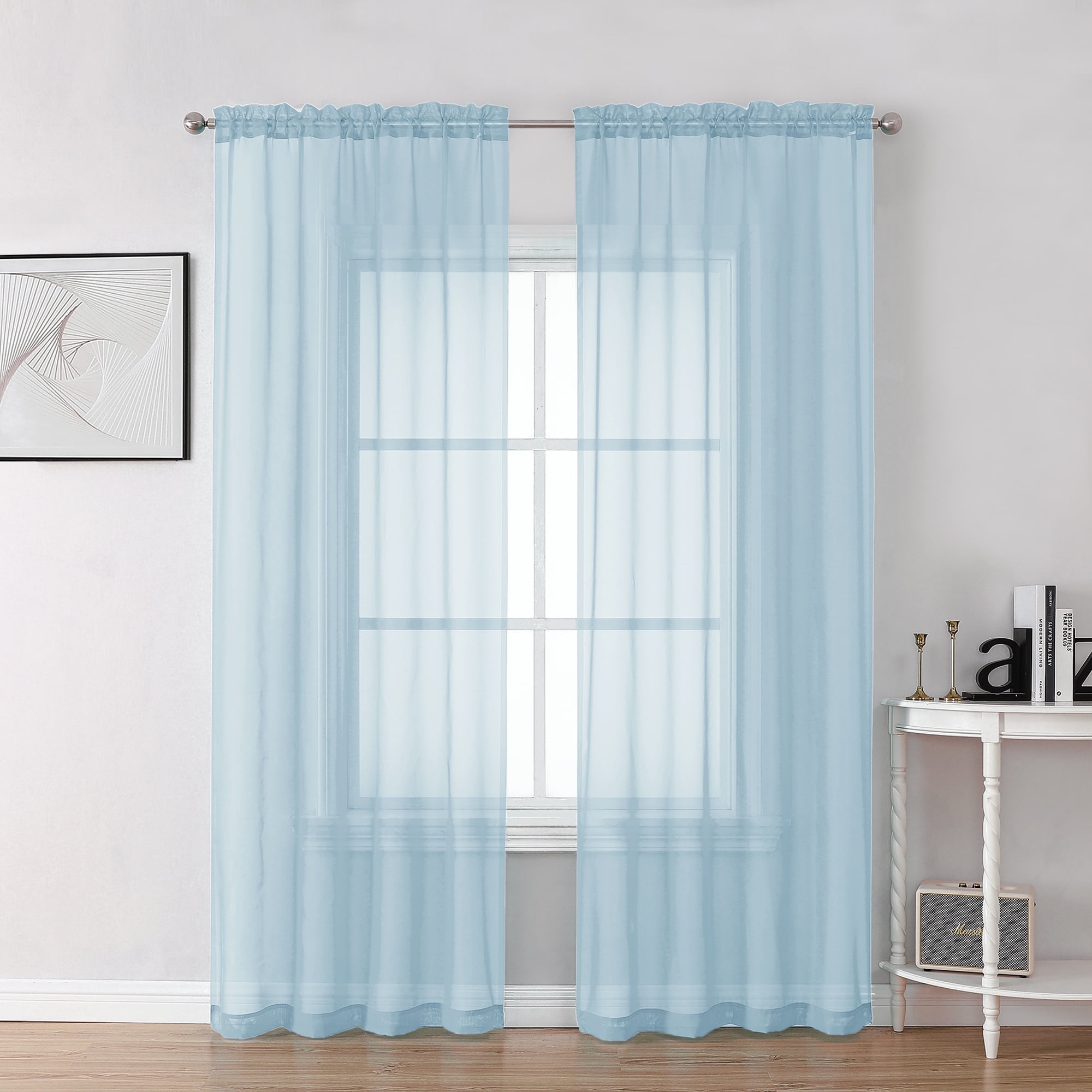 "OVZME 2Piece Sheer Voile Curtains, Sky Blue, 84"" Long, Soft Drapery