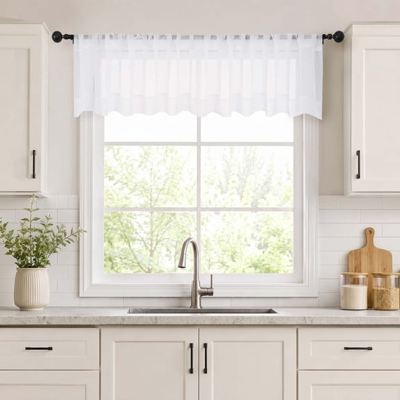 OVZME White Sheer Cafe Valance Curtains 2 Panels, Rod Pocket Short Kitchen Curtains for Small Windows Bathroom, 2 Panels 52x14 Inch