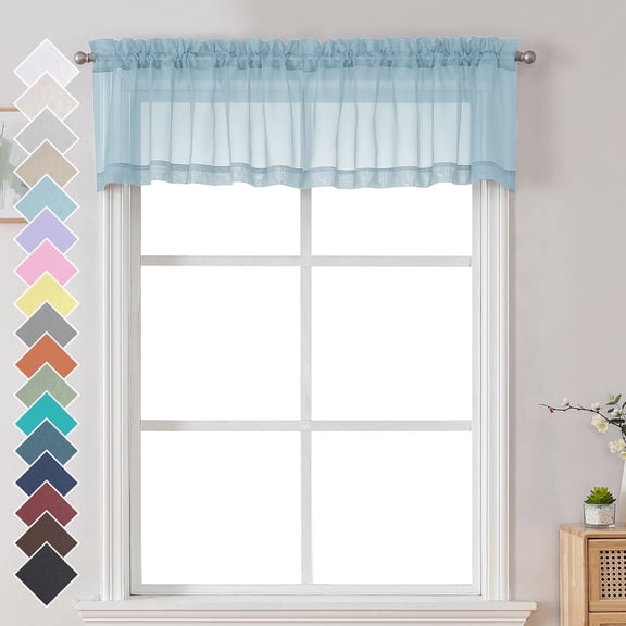 OVZME 42x14 Sky Blue Sheer Curtains for Small Windows 2 Pack, 14" Short Cafe Valance for Kitchen Bathroom, Soft Voile Rod Pocket Topper Curtains, Each 42Wx14L