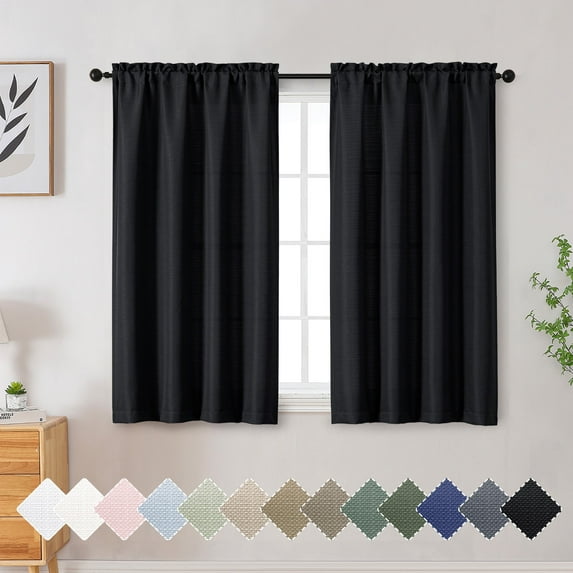 OVZME Bethany Black Curtains 45 Inch Length for Bedroom 2 Panels Set, Soft Airy Farmhouse Semi Transparent Curtain for Living Room, Solid Textured Apartment Decor with Rod Pocket, Each 30"Wx45"L