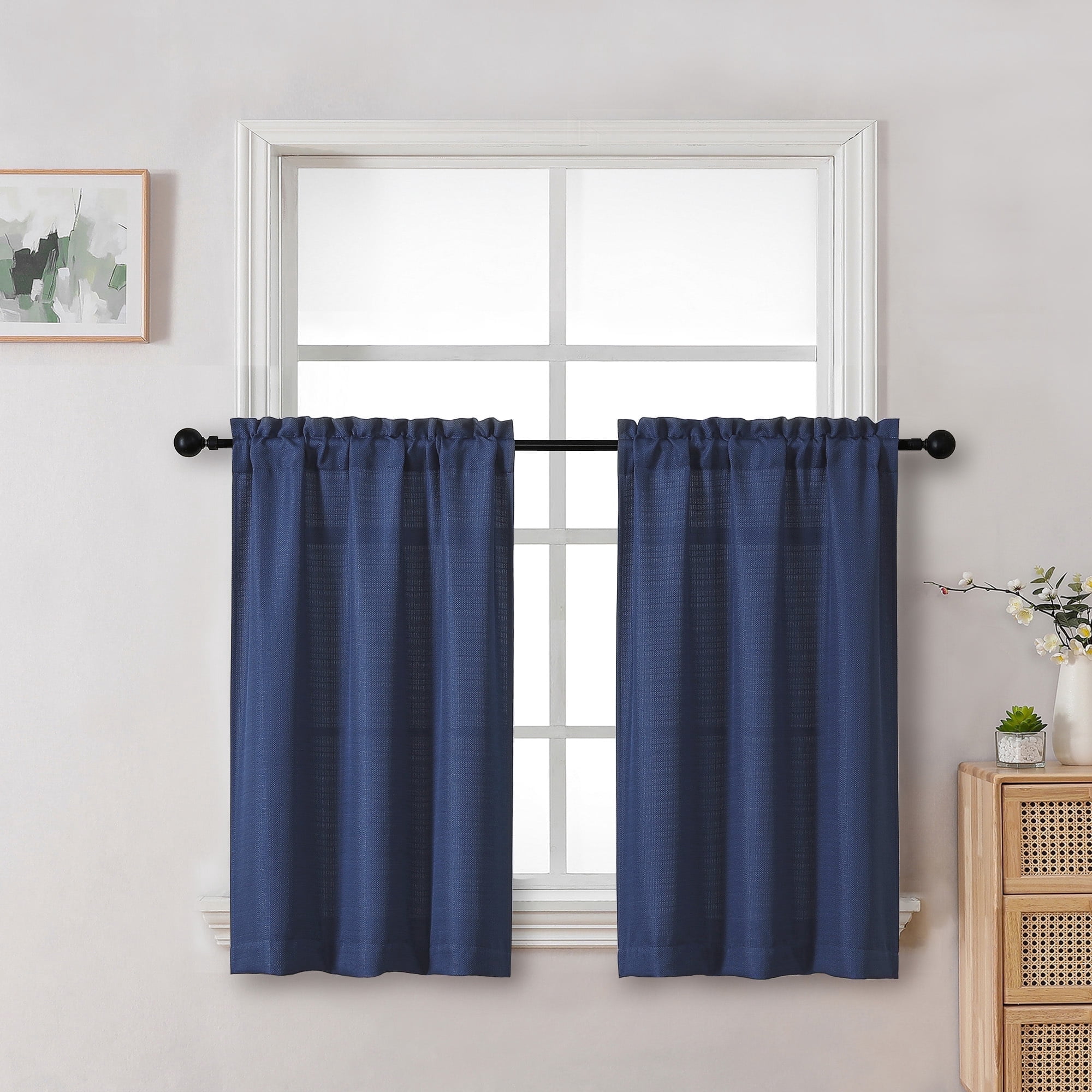 OVZME Bethany Blue Curtains Tier 36 Inch Length 2 Panels, Soft Airy Solid Faux Linen Textured Short Curtains for Bedroom, Small Basement Bathroom Window Curtain with Rod Pocket, Each 30"Wx36"L