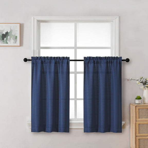 OVZME Bethany Blue Curtains Tier 36 Inch Length 2 Panels, Soft Airy Solid Faux Linen Textured Short Curtains for Bedroom, Small Basement Bathroom Window Curtain with Rod Pocket, Each 30"Wx36"L